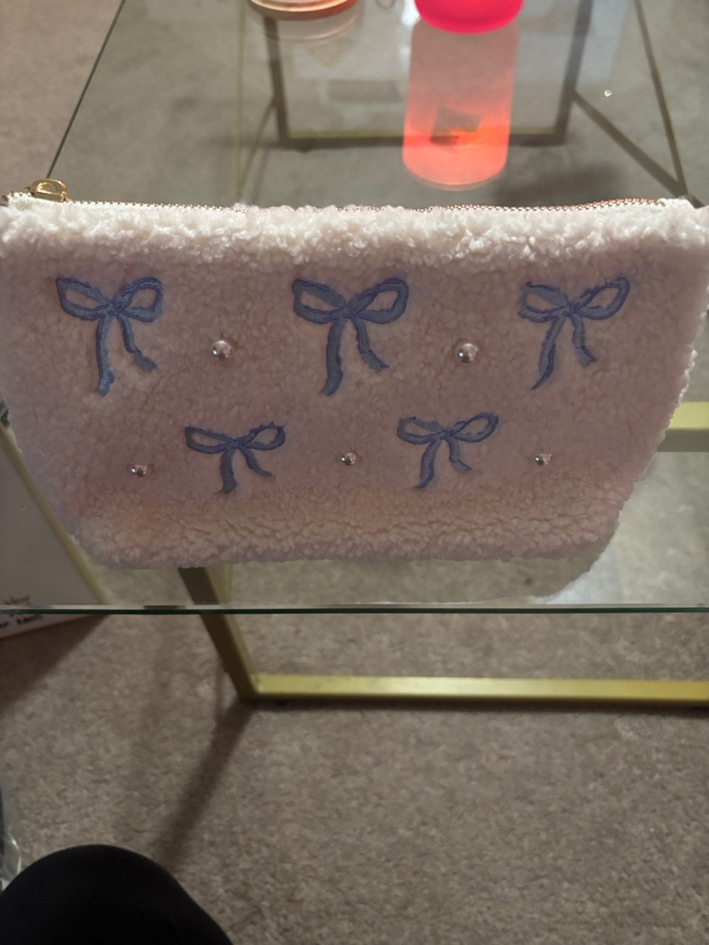 Sherpa Zip Pouch with Blue Bow Embroidery